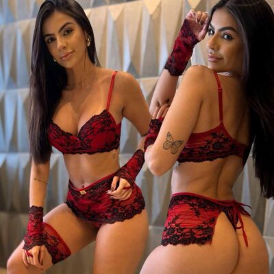 conjunto selena rendado bicolor com bojo saia e luvas - frente e constas