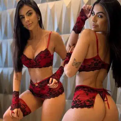 conjunto selena rendado bicolor com bojo saia e luvas - frente e constas